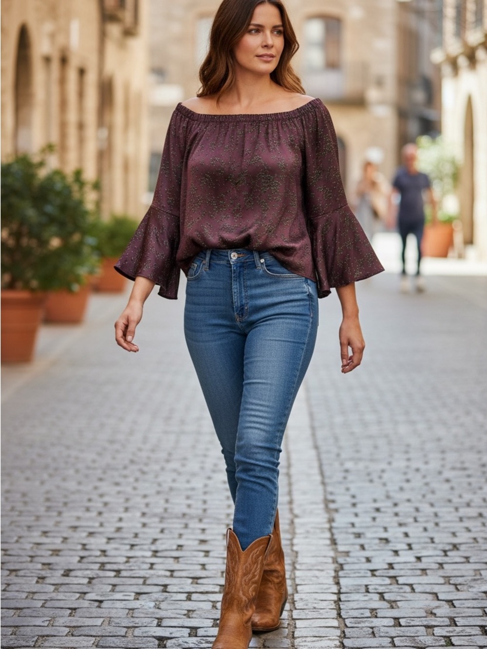 Shyanne Plum Off-Shoulder Bell Sleeve Blouse | Subtle Speckles | L